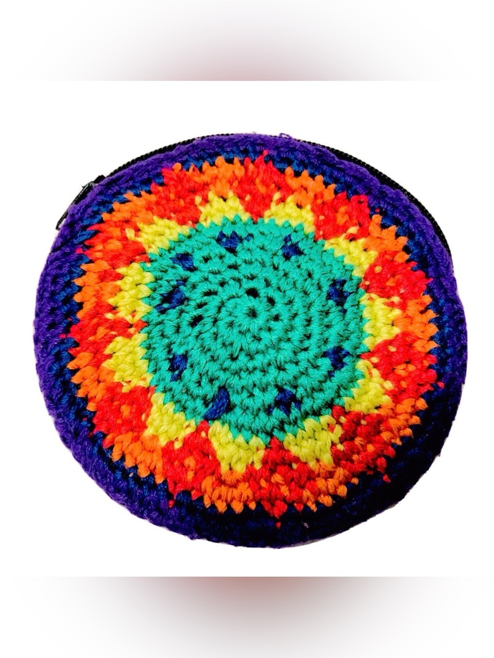 Vintage 80's Handcrafted Crochet Bohemian  Multicolored Round Zipper Coin Purse